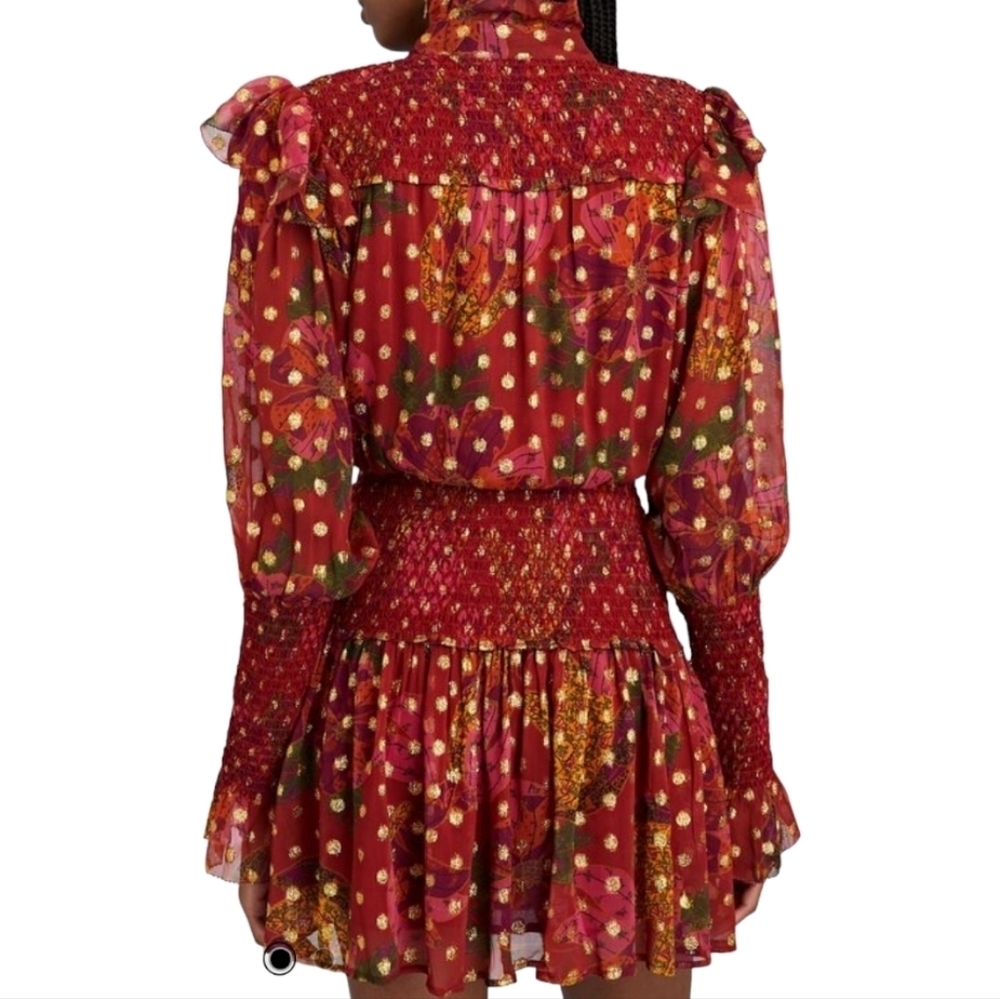 FARM Rio Maroon & Gold Banana Flowers Smocked Mini Dress - Size XL - Picture 5 of 13